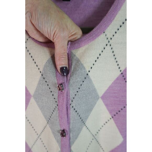 Vintage Talbots LP Argyle Button up Cardigan Italian Merino Wool Violet Cream - Picture 5 of 6
